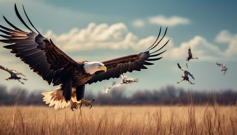 A bald eagle in flight over a grassy field with other birds around.