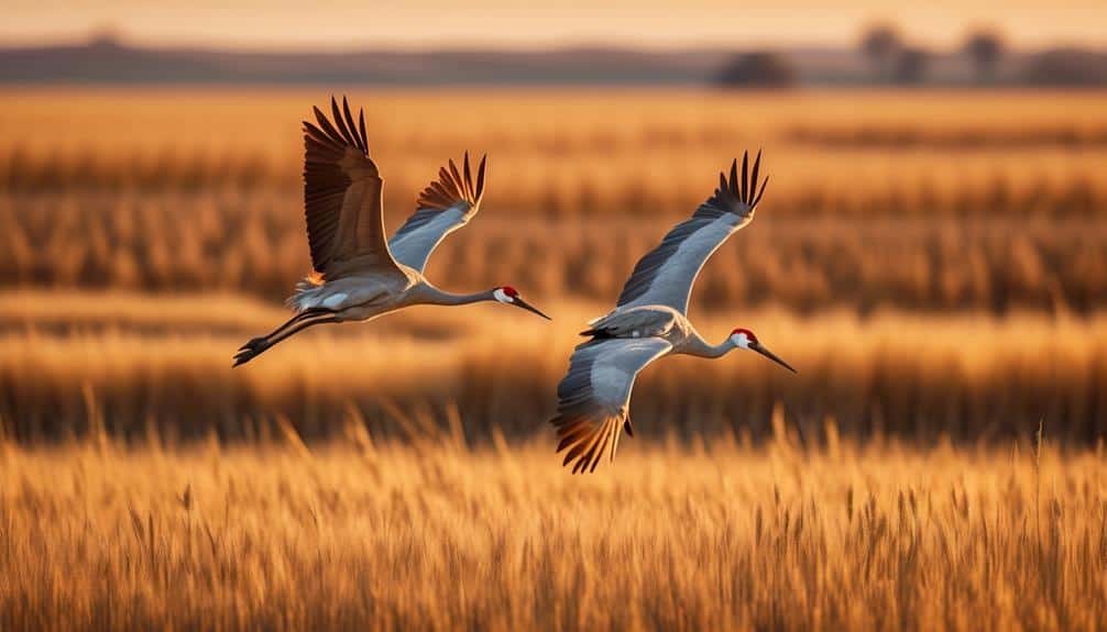 Two cranes in flight over a golden field at sunset.