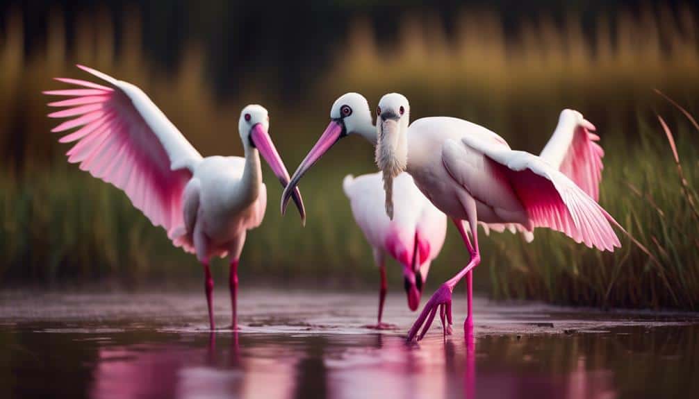 elegant pink spoonbills flying