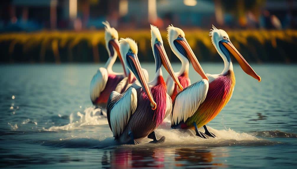 vibrant pelicans in flight